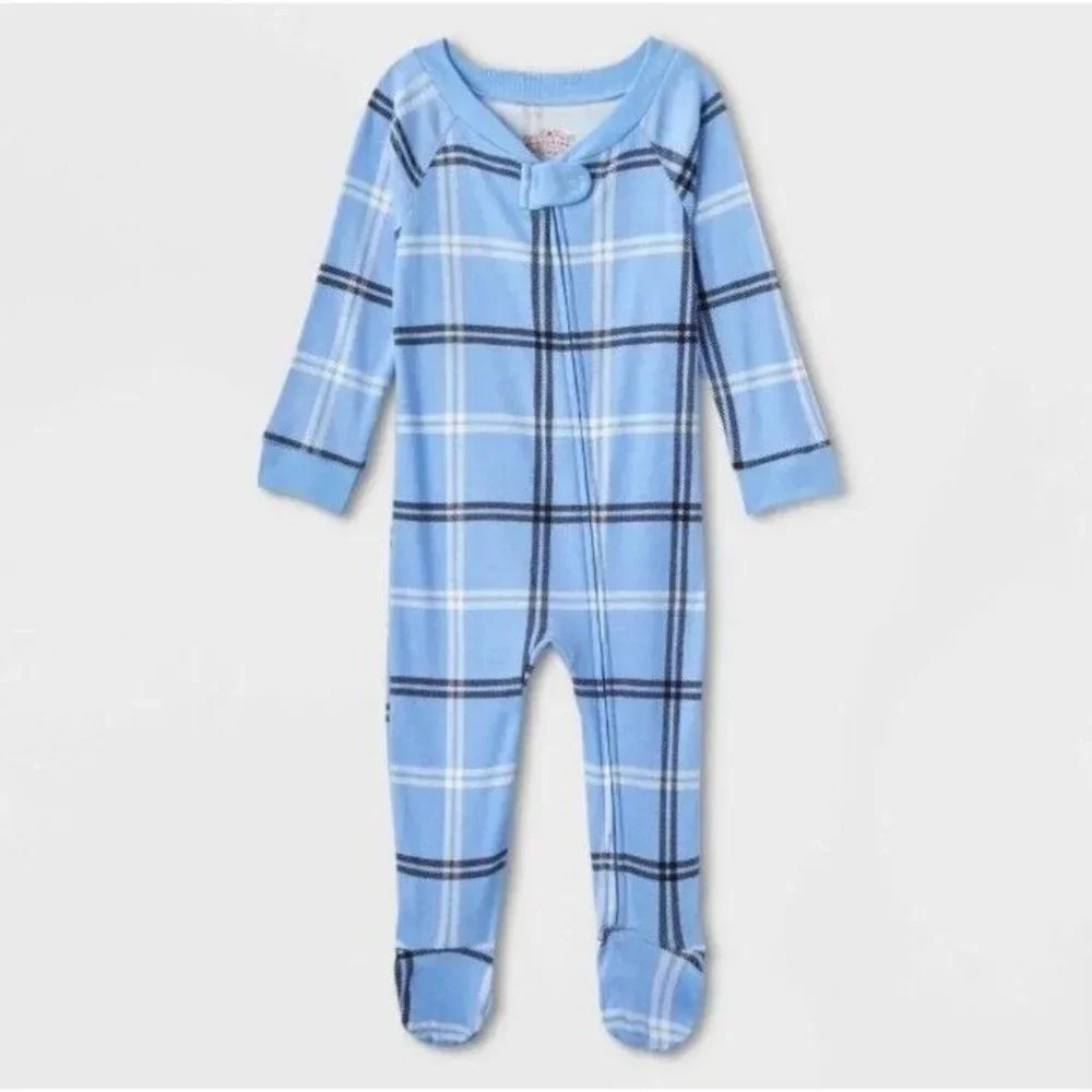 Wondershop 6-9 M light blue Plaid Check Footed Sleeper Family Pajamas Sleepwear